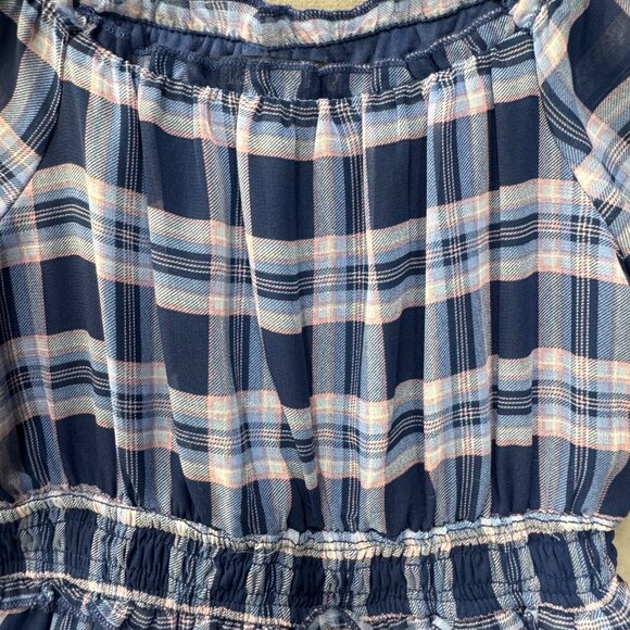 Three Pink Heart Navy Plaid Ruffled‎ Dress With Puff Sleeves Elastic Waist small - Picture 2 of 4